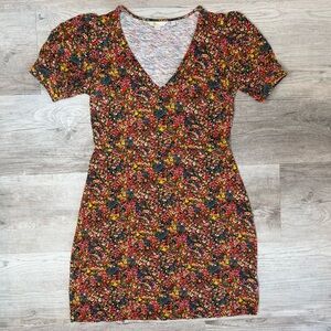 Boden  Floral Jersey Mini Dress Puff Sleeves V Neck Cotton Womens size 6L